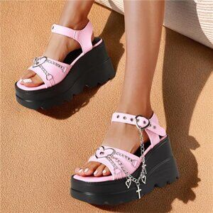 NEW - Gothic Women's Platform Sandals | Black PU‎ Cover Open Toe w